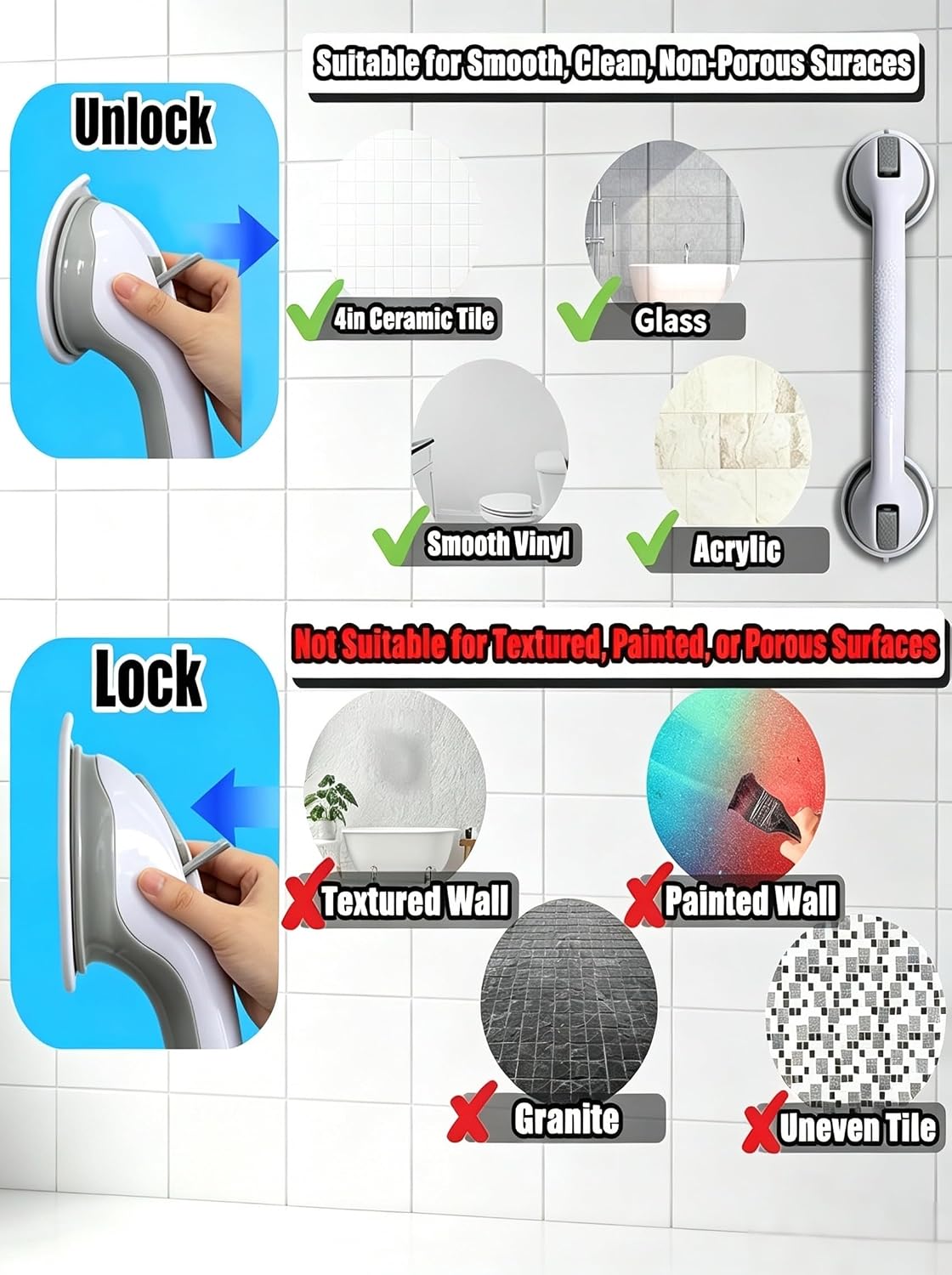 Shower Grab Bar, Suction Grab Bars for Shower, 2 Pack 16.11 Inch Shower Handles for Elderly Suction, Bathroom Grab Bars for Seniors, Shower Grab Bars Suction Heavy Duty, Waterproof No Drilling