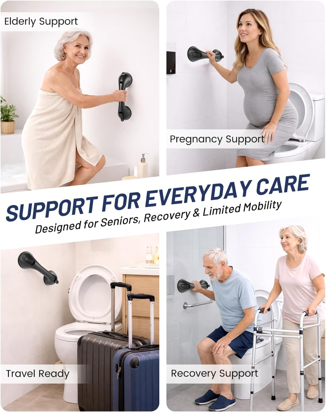 Grab Bars for Shower, Suction Shower Handles for Seniors, 2-Pack, Silver