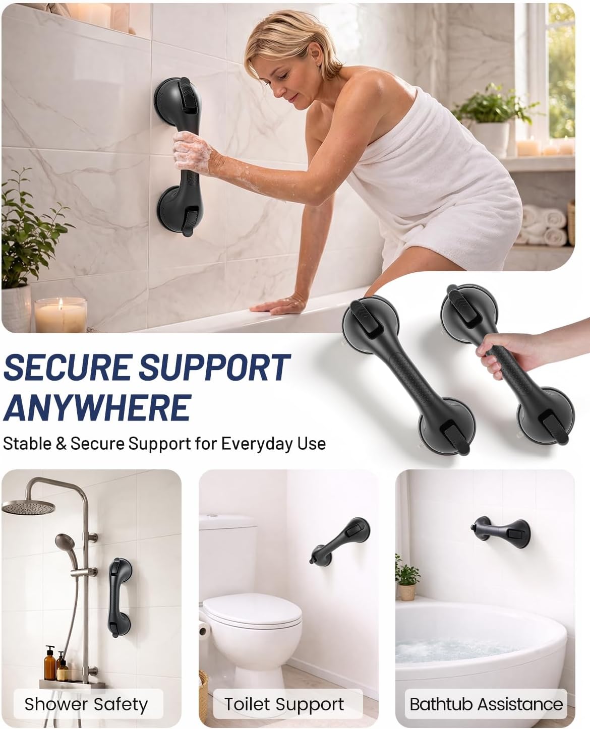 Grab Bars for Shower, Suction Shower Handles for Seniors, 2-Pack, Silver