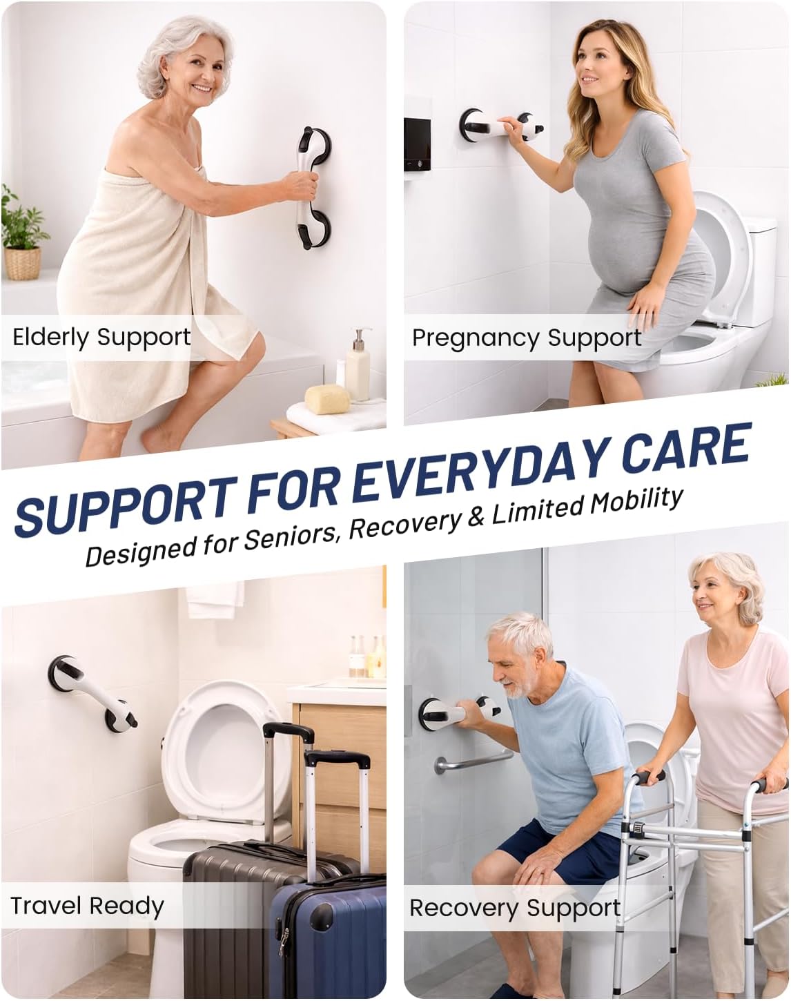 Grab Bars for Shower, Suction Shower Handles for Seniors, 2-Pack, Silver