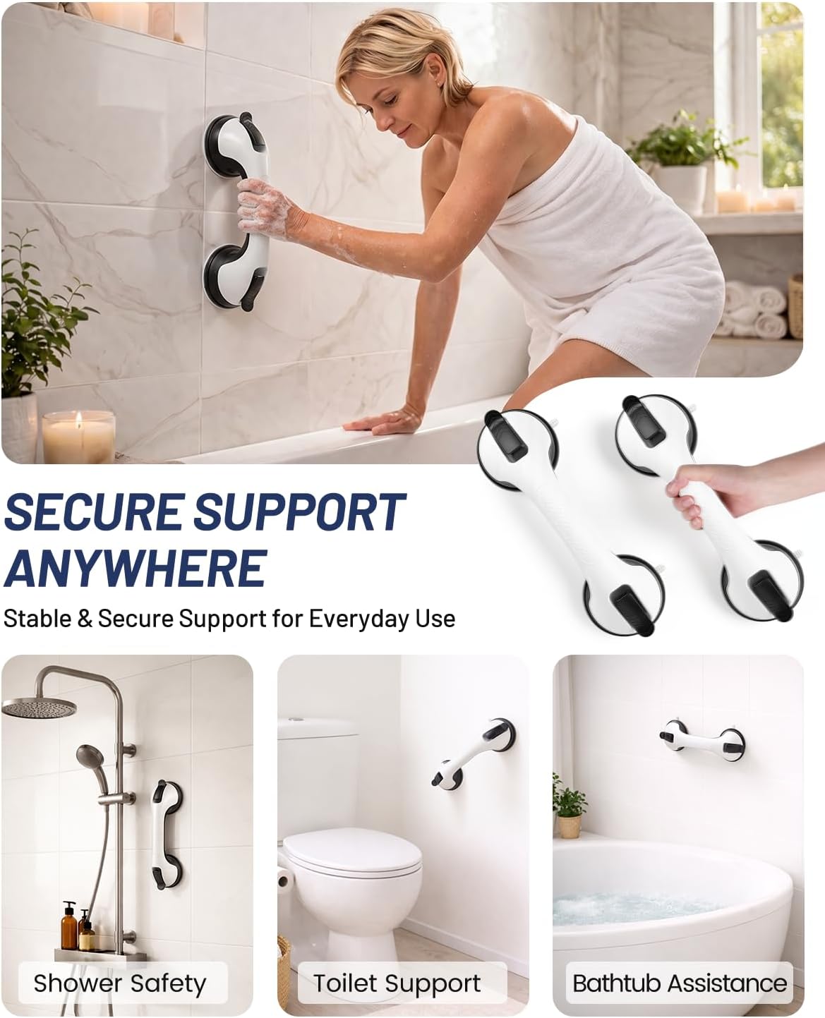 Grab Bars for Shower, Suction Shower Handles for Seniors, 2-Pack, Silver