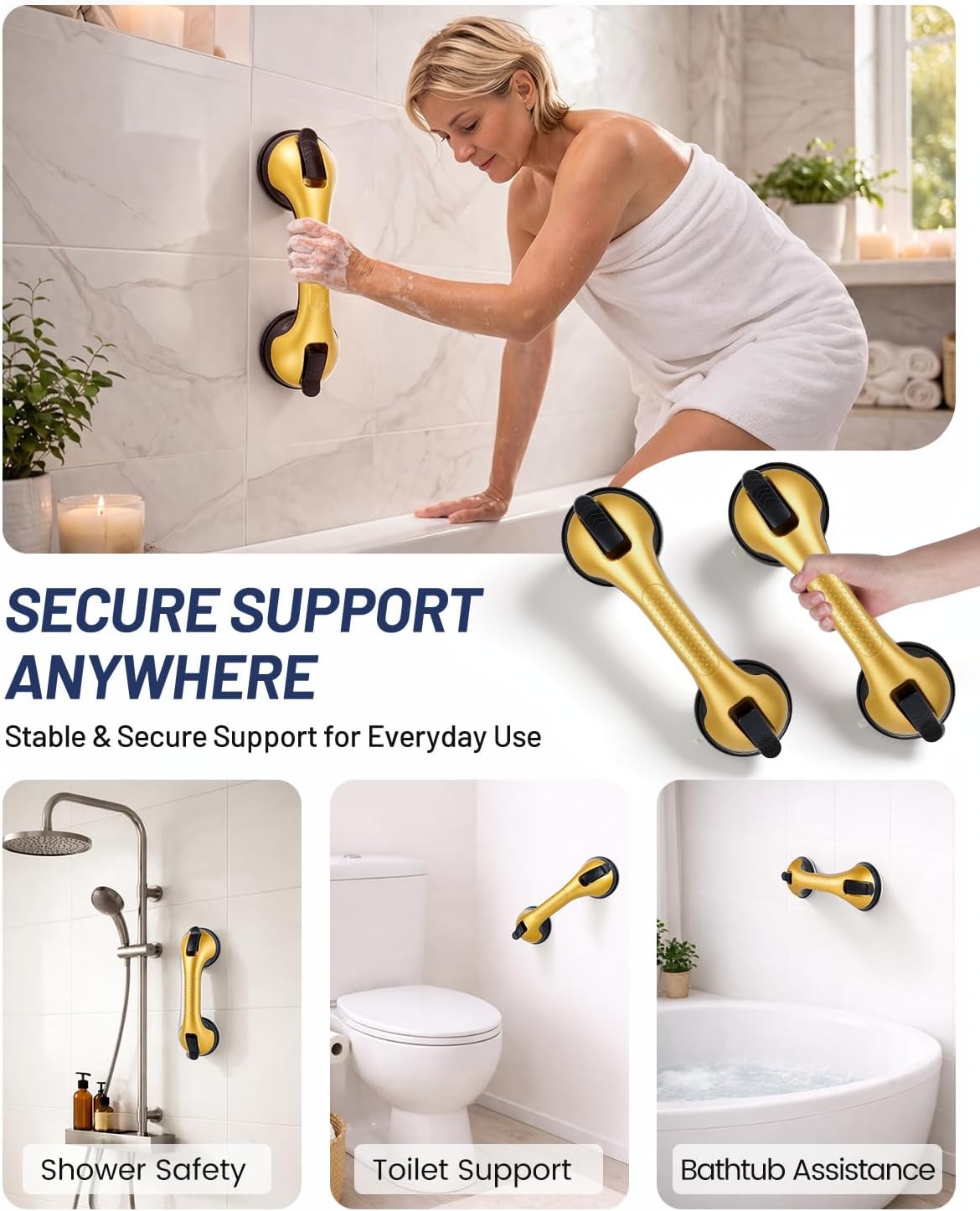 Grab Bars for Shower, Suction Shower Handles for Seniors, 2-Pack, Silver