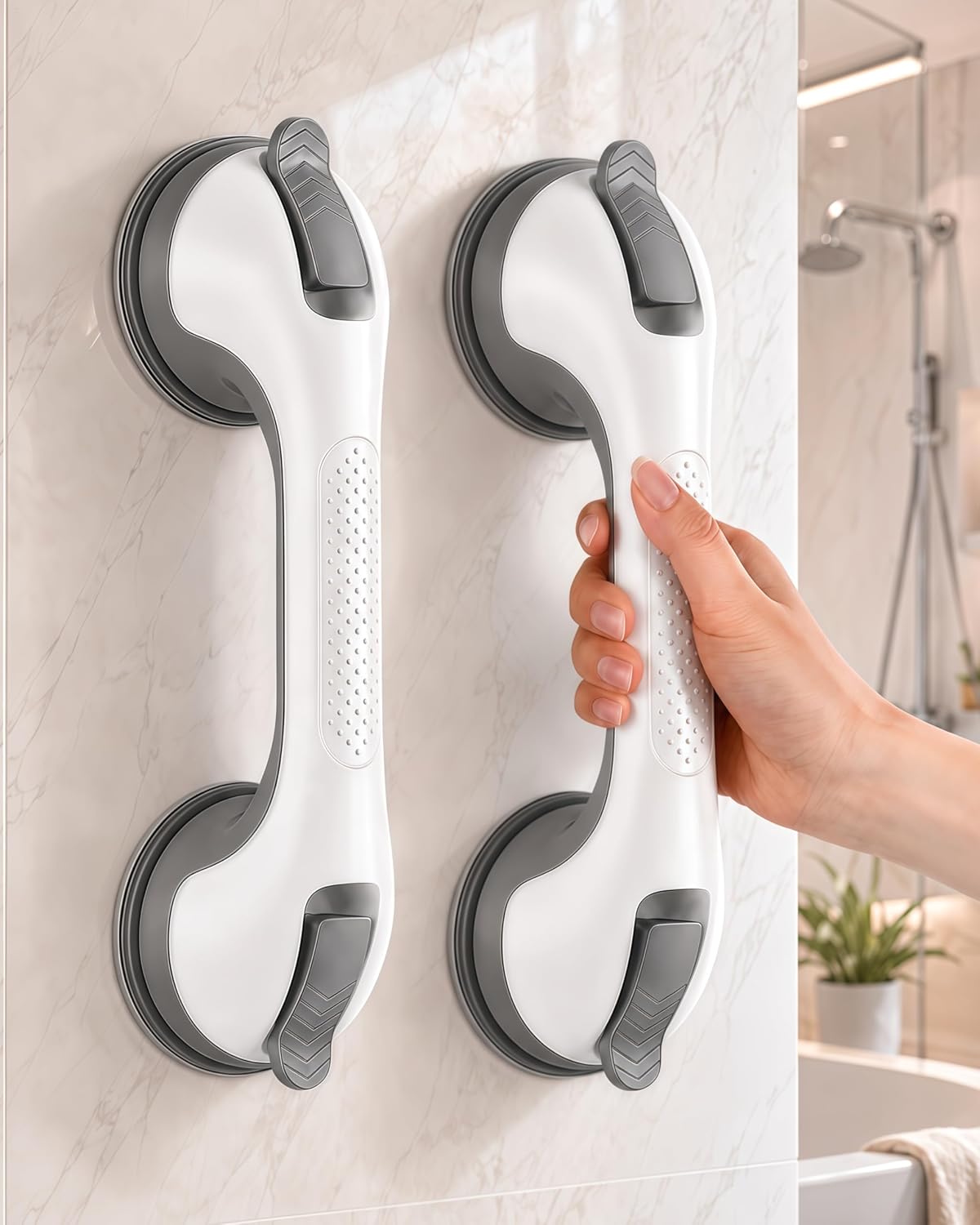 Grab Bars for Shower, Suction Shower Handles for Seniors, 2-Pack, Silver