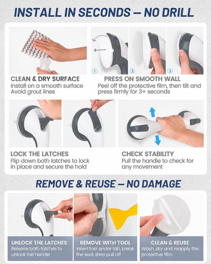 Grab Bars for Shower, Suction Shower Handles for Seniors, 2-Pack, Silver