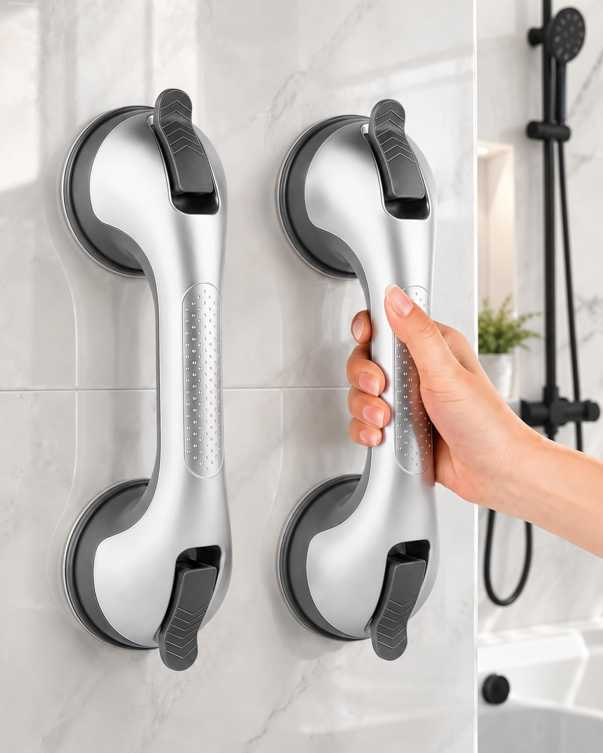 Grab Bars for Shower, Suction Shower Handles for Seniors, 2-Pack, Silver