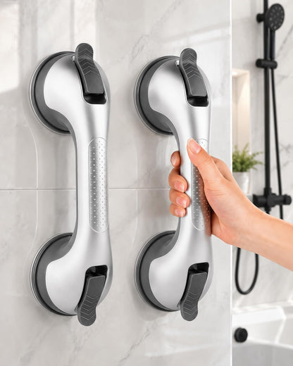 Grab Bars for Shower, Suction Shower Handles for Seniors, 2-Pack, Silver
