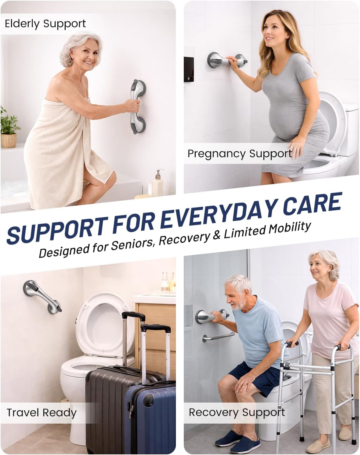 Grab Bars for Shower, Suction Shower Handles for Seniors, 2-Pack, Silver