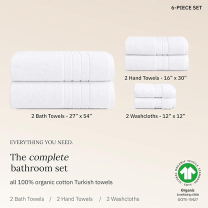 Organic Cotton 6 Pc Bath Towel Set, Bright White | 100% Organic Turkish Cotton, 6-Pc Set: 2 Bath, 2 Hand Towels, 2 Washcloths, 550 GSM, GOTS Certified, Quick-Dry & Absorbent