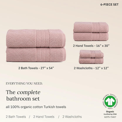 Organic Cotton 6 Pc Bath Towel Set, Bright White | 100% Organic Turkish Cotton, 6-Pc Set: 2 Bath, 2 Hand Towels, 2 Washcloths, 550 GSM, GOTS Certified, Quick-Dry & Absorbent