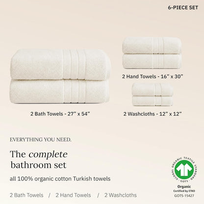 Organic Cotton 6 Pc Bath Towel Set, Bright White | 100% Organic Turkish Cotton, 6-Pc Set: 2 Bath, 2 Hand Towels, 2 Washcloths, 550 GSM, GOTS Certified, Quick-Dry & Absorbent