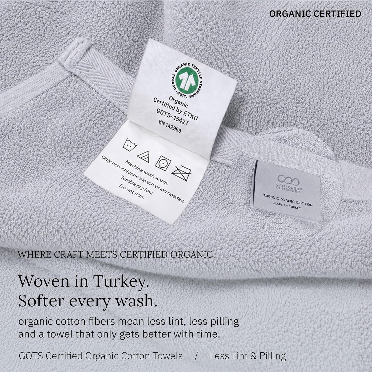 Organic Cotton 6 Pc Bath Towel Set, Bright White | 100% Organic Turkish Cotton, 6-Pc Set: 2 Bath, 2 Hand Towels, 2 Washcloths, 550 GSM, GOTS Certified, Quick-Dry & Absorbent