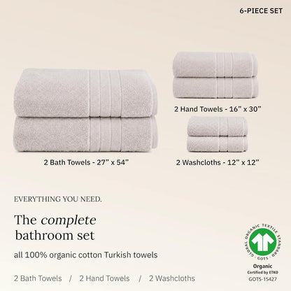 Organic Cotton 6 Pc Bath Towel Set, Bright White | 100% Organic Turkish Cotton, 6-Pc Set: 2 Bath, 2 Hand Towels, 2 Washcloths, 550 GSM, GOTS Certified, Quick-Dry & Absorbent