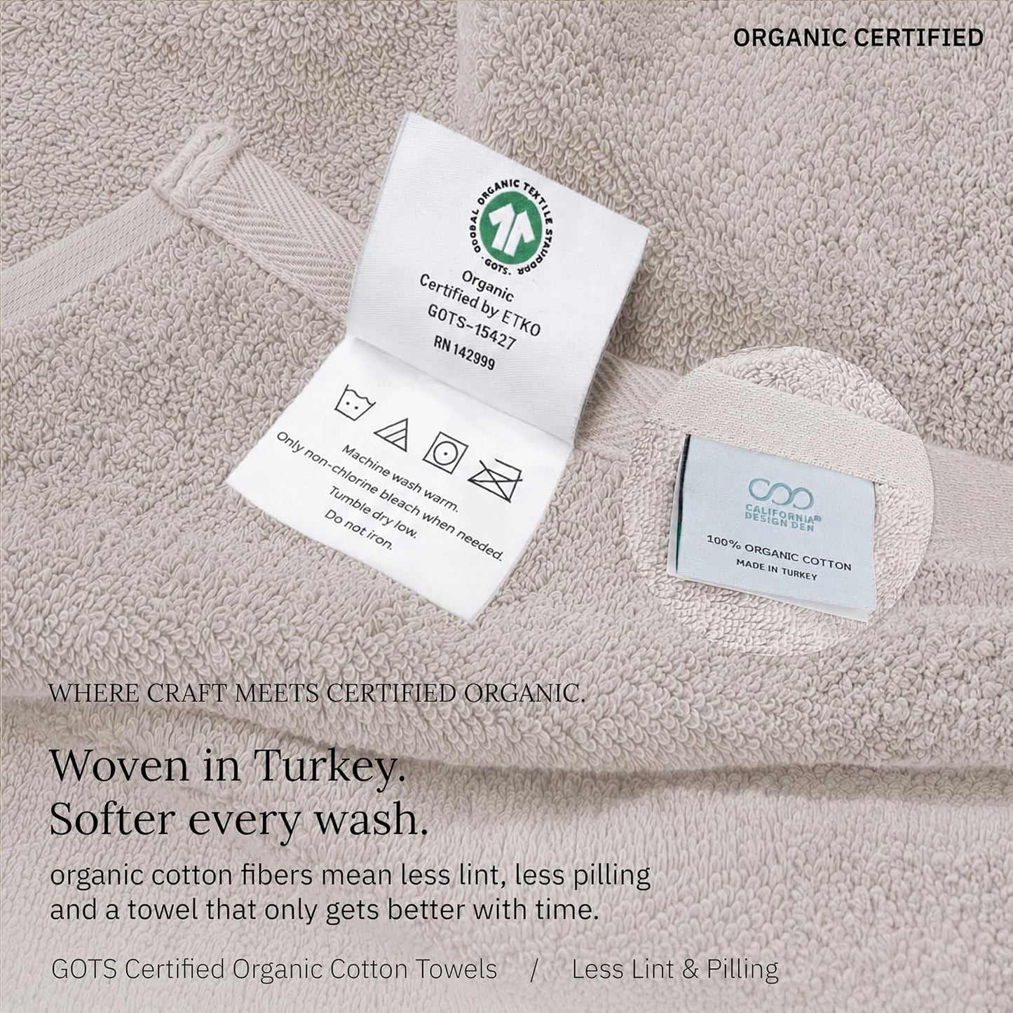 Organic Cotton 6 Pc Bath Towel Set, Bright White | 100% Organic Turkish Cotton, 6-Pc Set: 2 Bath, 2 Hand Towels, 2 Washcloths, 550 GSM, GOTS Certified, Quick-Dry & Absorbent