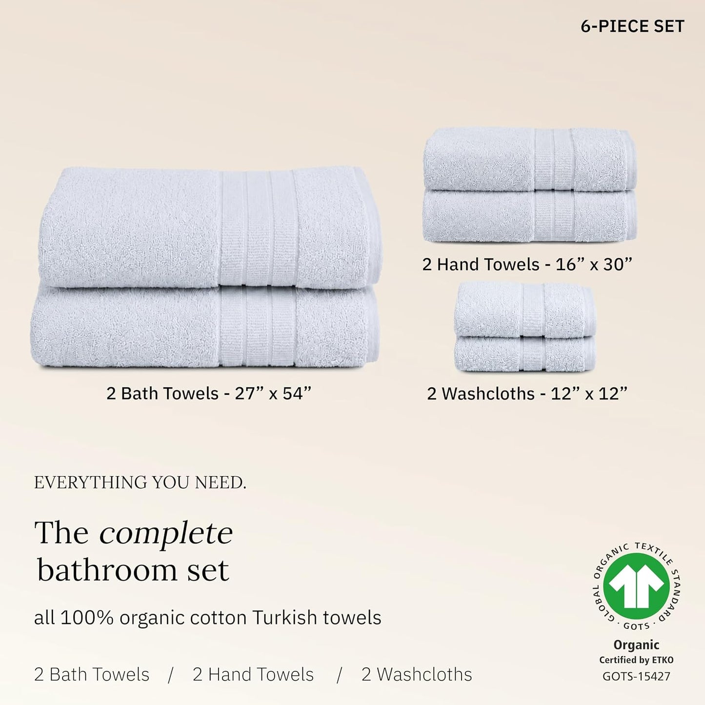 Organic Cotton 6 Pc Bath Towel Set, Bright White | 100% Organic Turkish Cotton, 6-Pc Set: 2 Bath, 2 Hand Towels, 2 Washcloths, 550 GSM, GOTS Certified, Quick-Dry & Absorbent