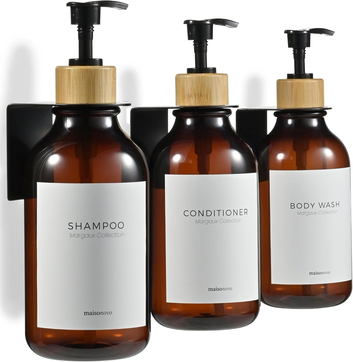 Shampoo and Conditioner Dispenser Wall Mounted Set of 3 Black | 500 ml Shower Gel Dispenser Set of 3. Refillable Shampoo and Conditioner Bottles. Drill Free Secure Design. Black