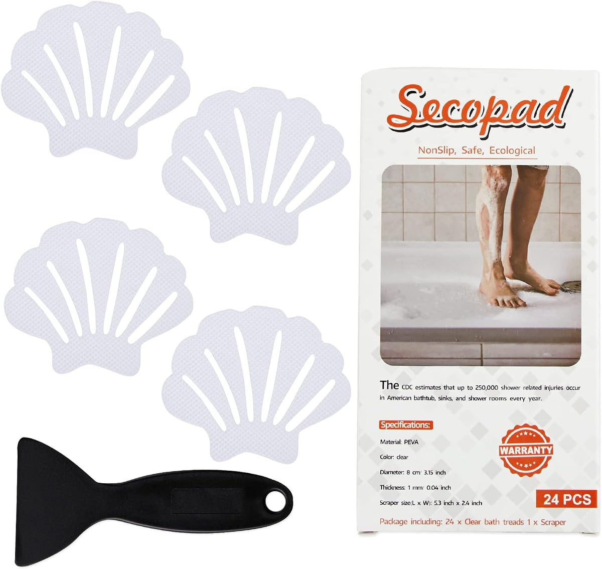 Non-Slip Bathtub Stickers, 24 PCS Shell Safety Bathroom Tubs Showers Treads Adhesive Decals Scraper (Gray)