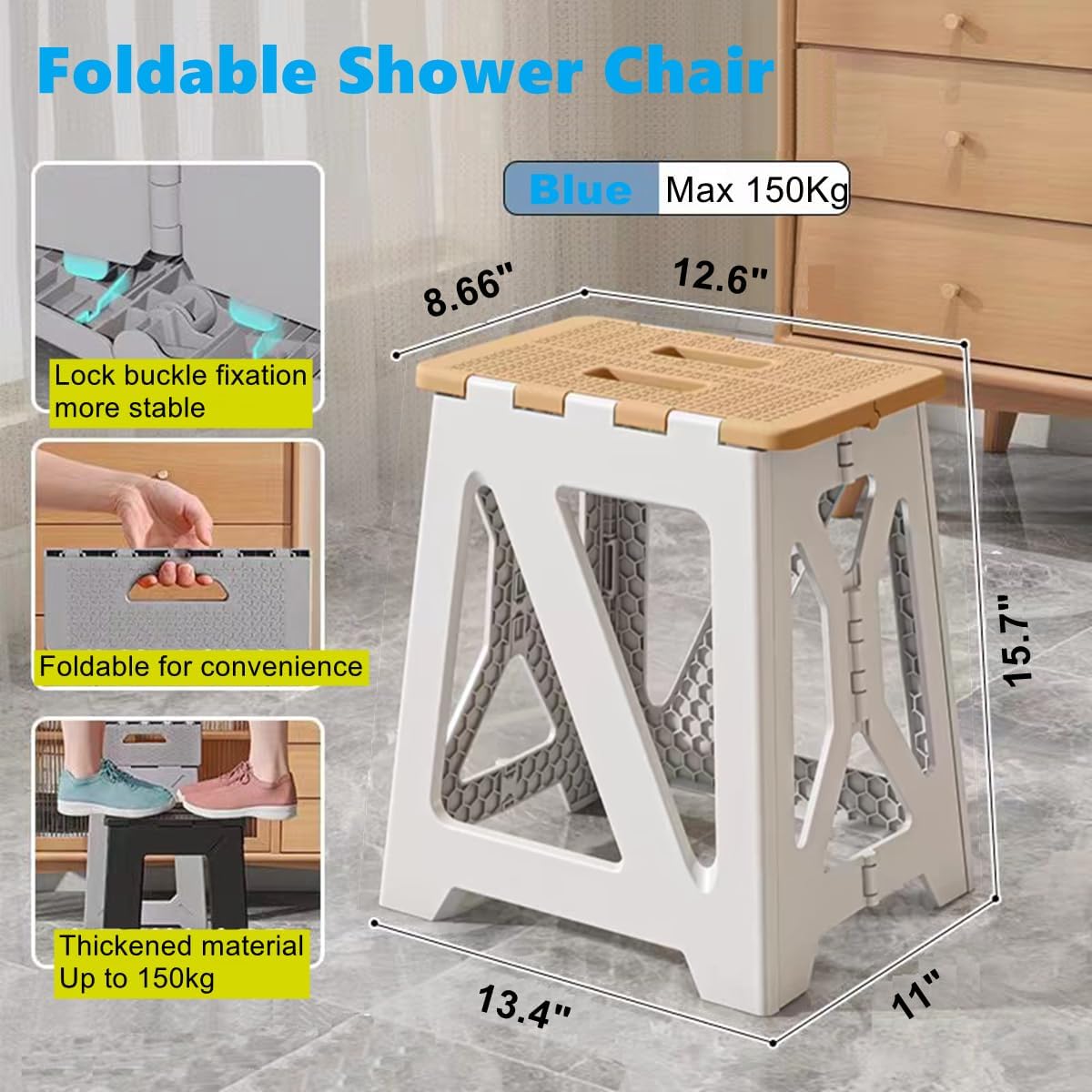 Foldable Bath Shower Safety Chair Seat Khaki, Foldable and Anti-Slip Bench Bathtub Stool for Elderly or Seniors (Foldable ShowerChair 15.7" H Khaki)