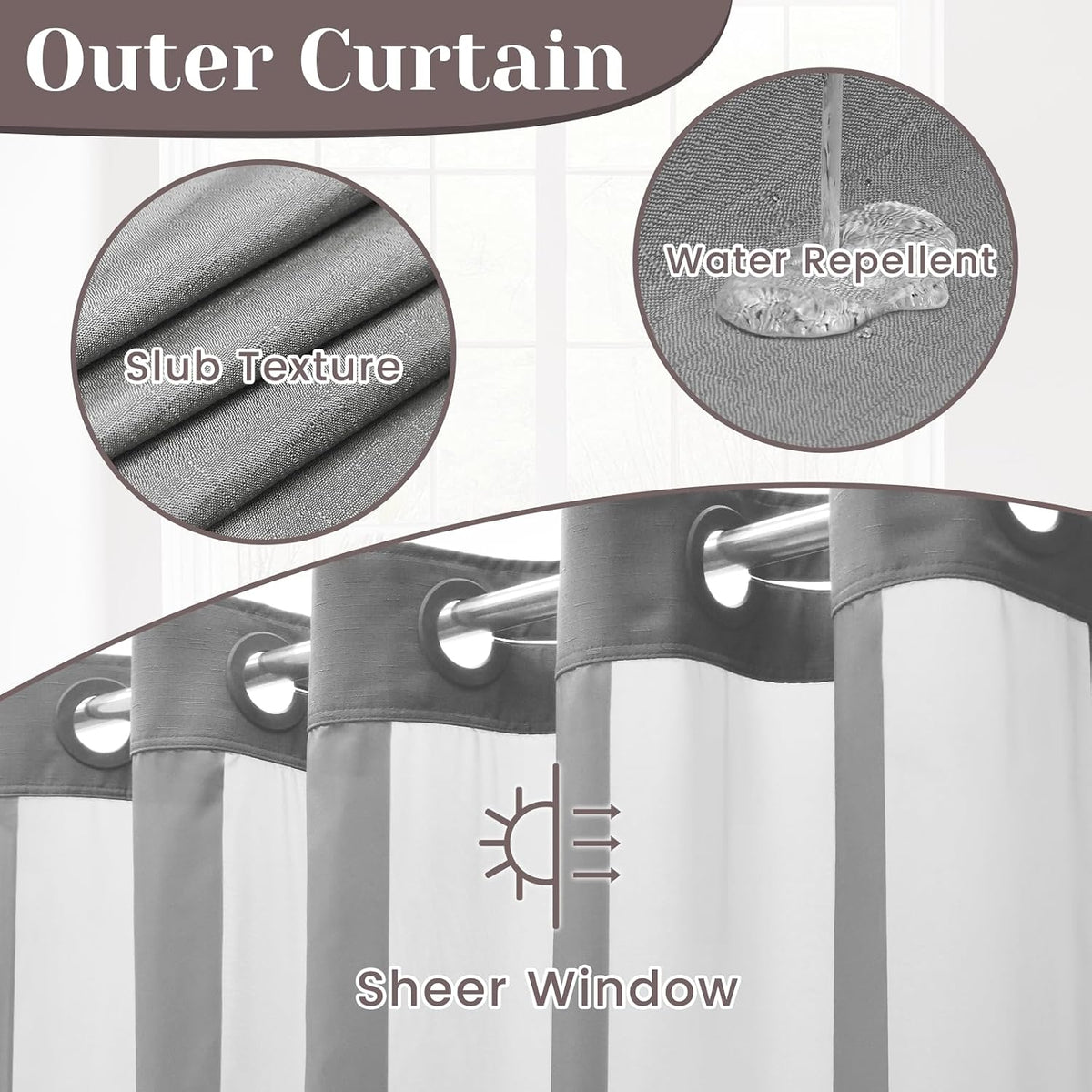 Ringless Slub Shower Curtain with Snap in Liner, 71x74, Black - Colors A