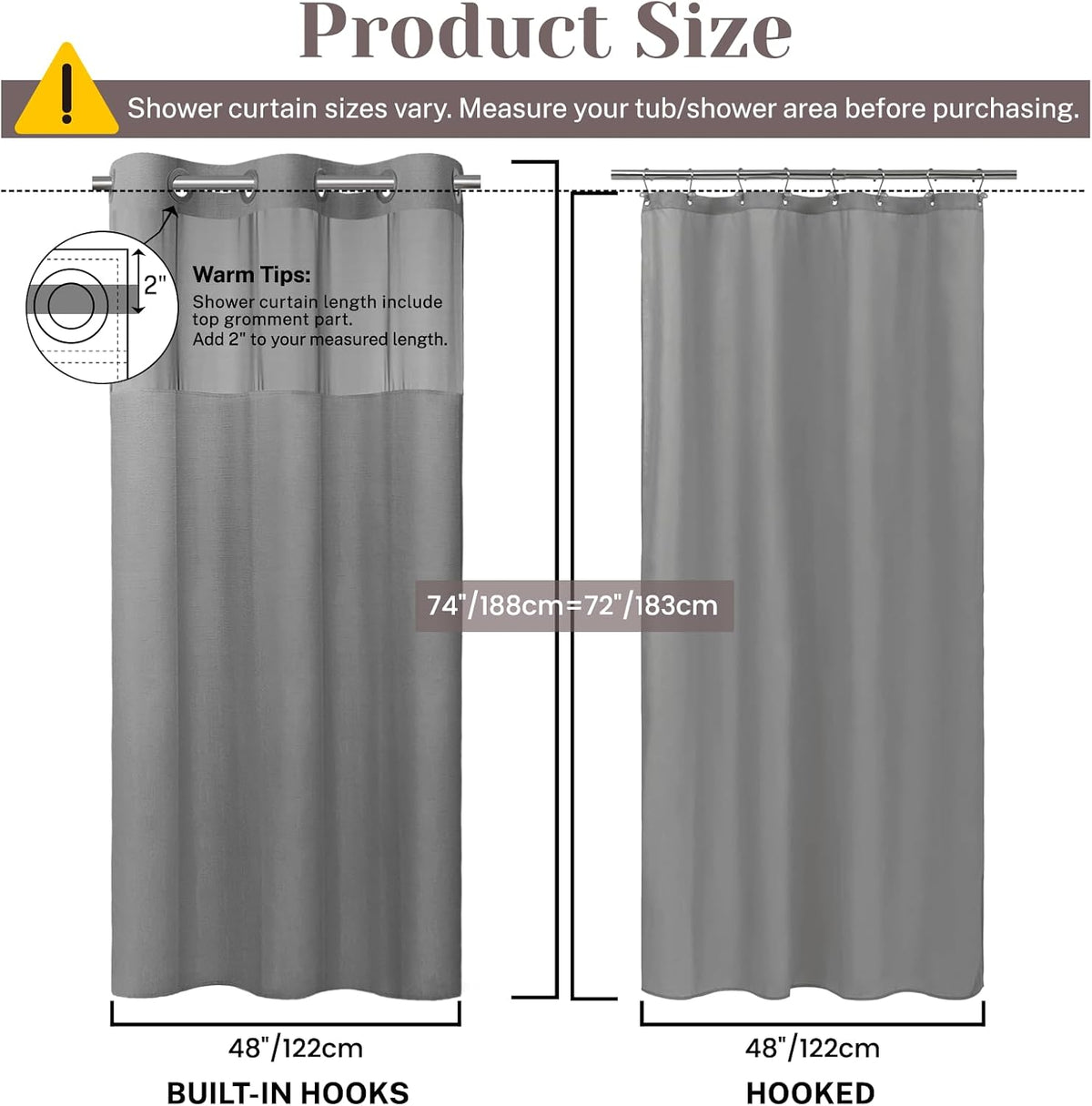 Ringless Slub Shower Curtain with Snap in Liner, 71x74, Black - Colors A