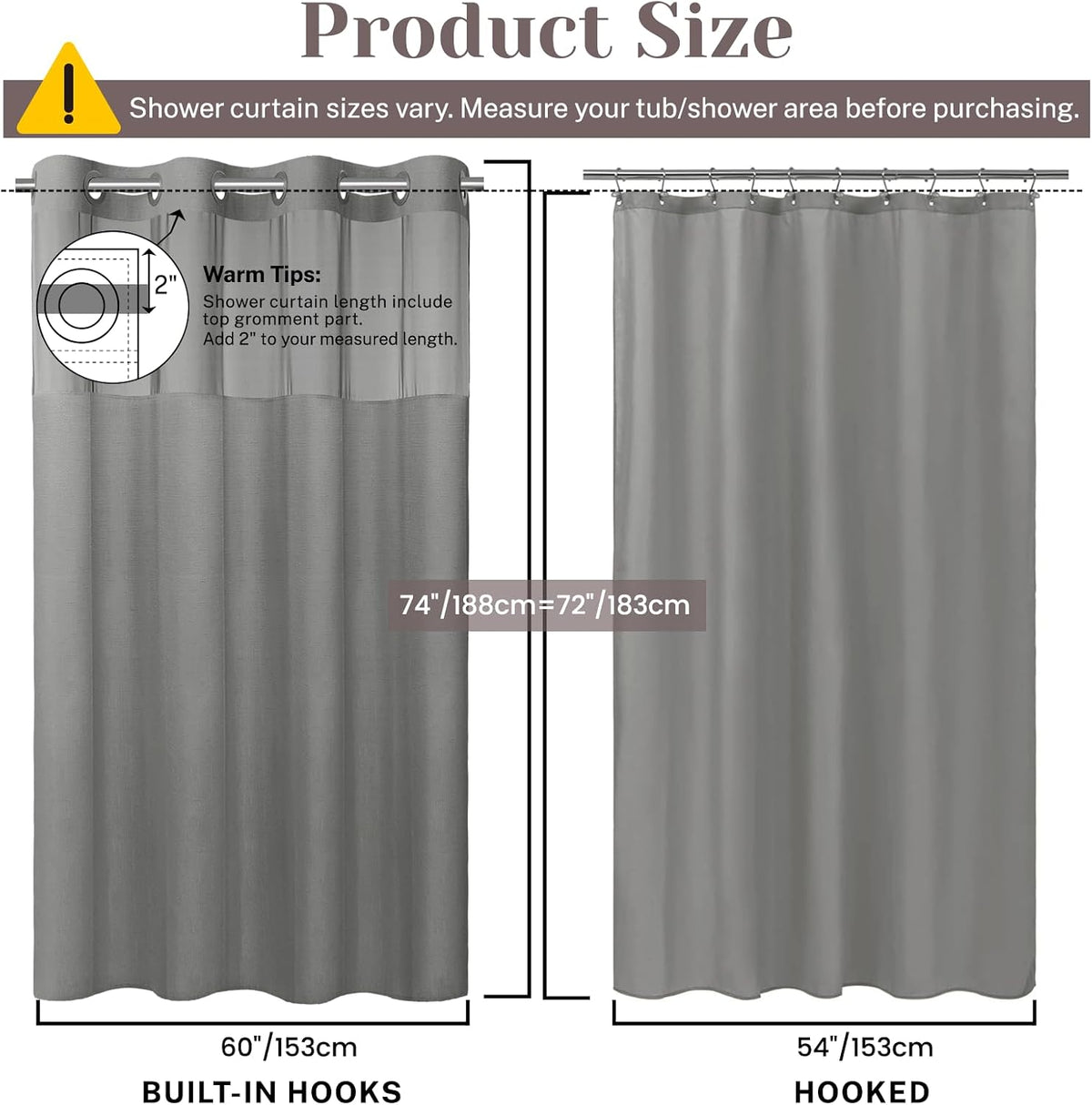 Ringless Slub Shower Curtain with Snap in Liner, 71x74, Black - Colors A