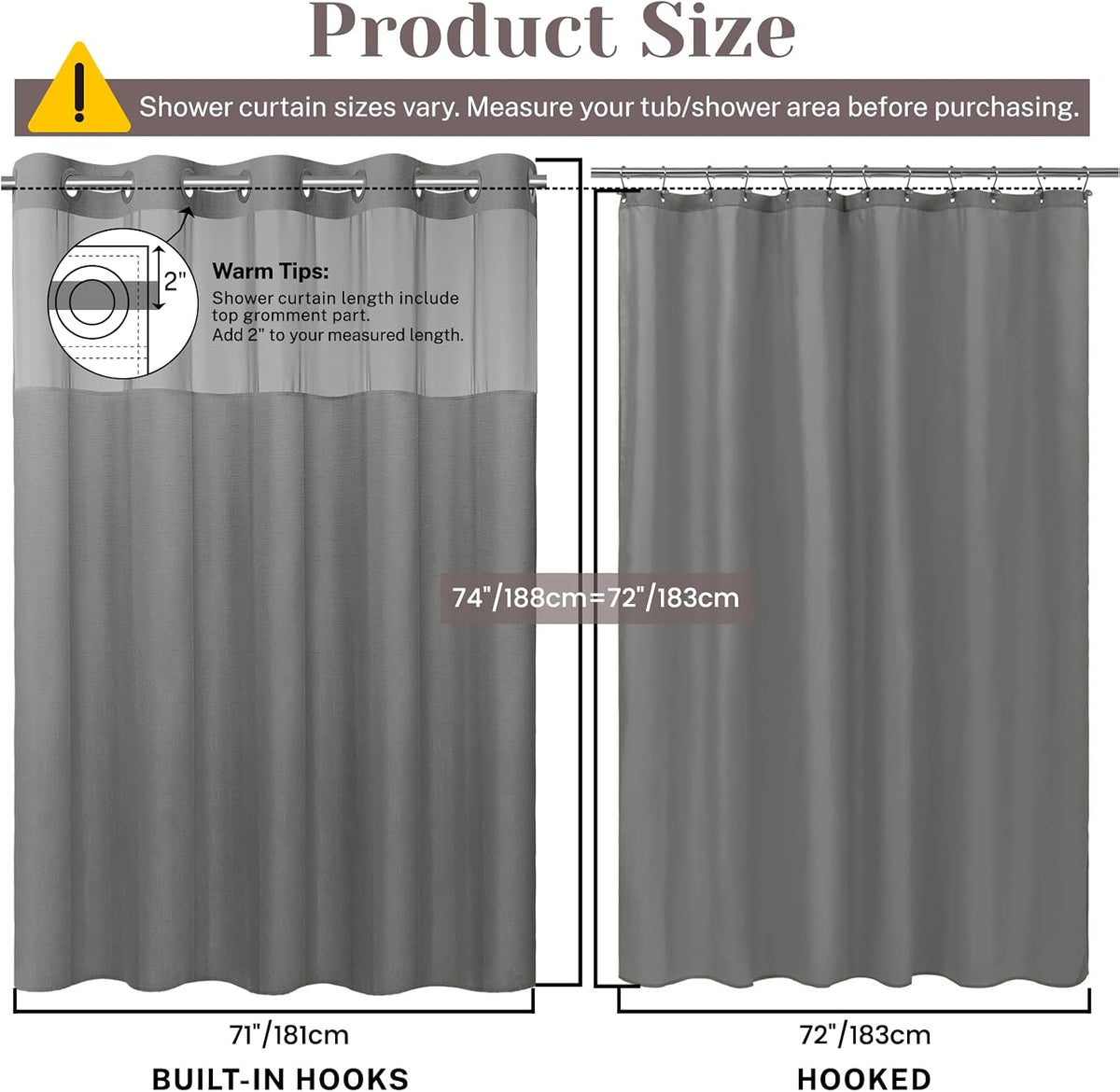 Ringless Slub Shower Curtain with Snap in Liner, 71x74, Black - Colors A