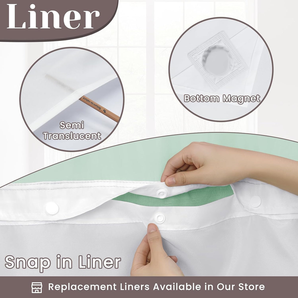 Ringless Slub Shower Curtain with Snap in Liner, 71x74, Black - Colors A