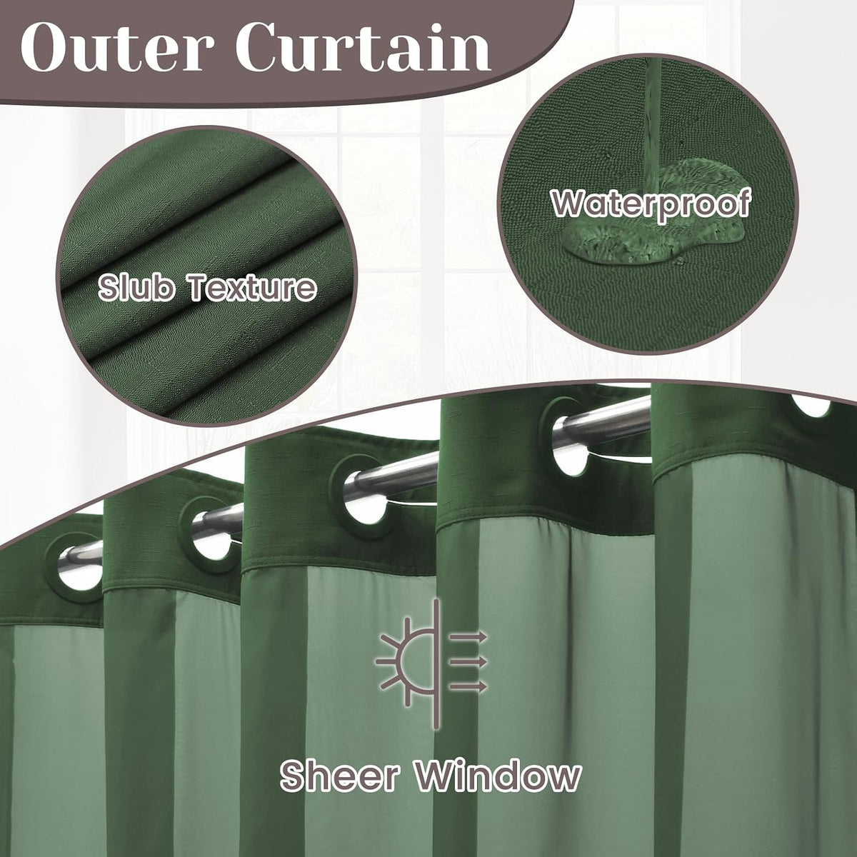 Ringless Slub Shower Curtain with Snap in Liner, 71x74, Black - Colors A