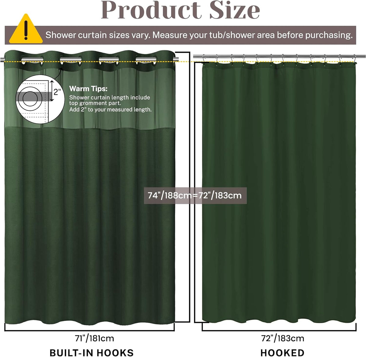 Ringless Slub Shower Curtain with Snap in Liner, 71x74, Black - Colors A