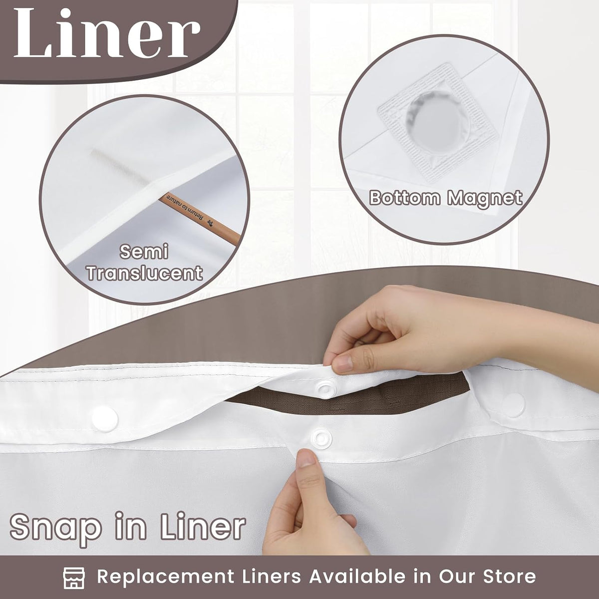 Ringless Slub Shower Curtain with Snap in Liner, 71x74, Black - Colors A