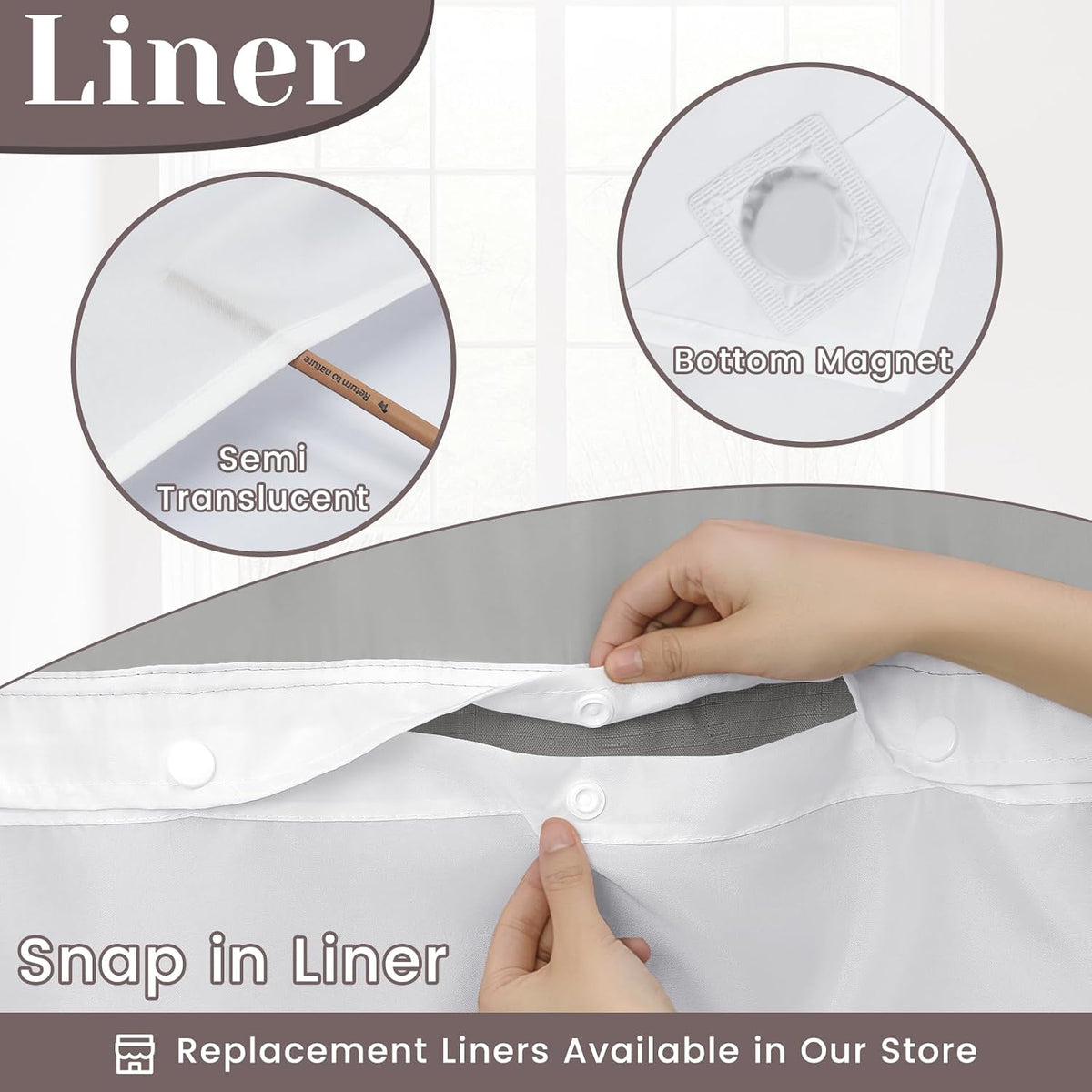 Ringless Slub Shower Curtain with Snap in Liner, 71x74, Black - Colors A