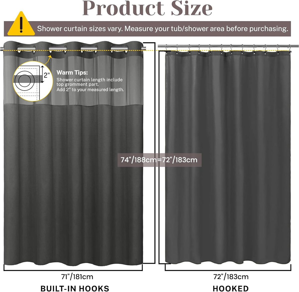 Ringless Slub Shower Curtain with Snap in Liner, 71x74, Black - Colors A