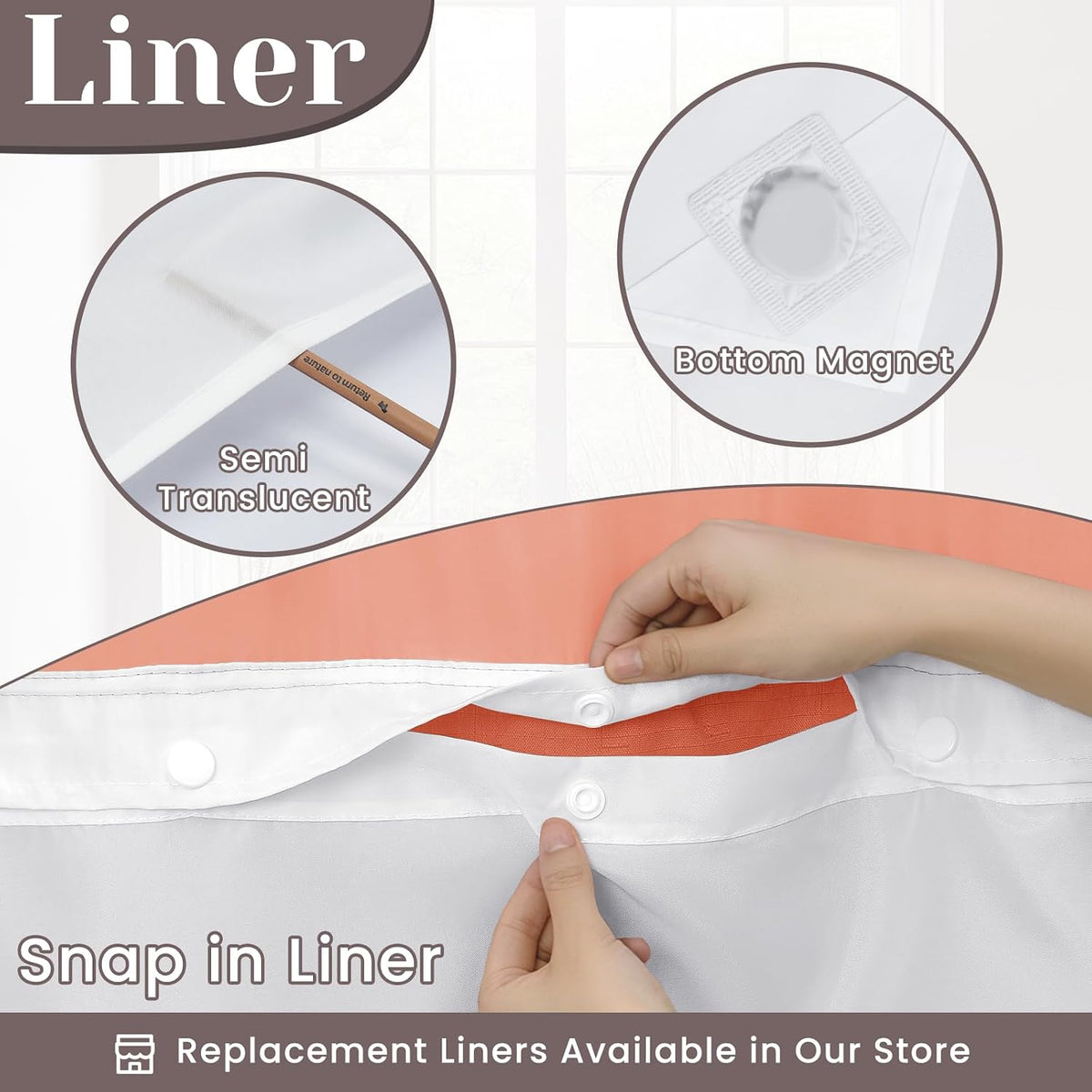 Ringless Slub Shower Curtain with Snap in Liner, 71x74, Black - Colors A
