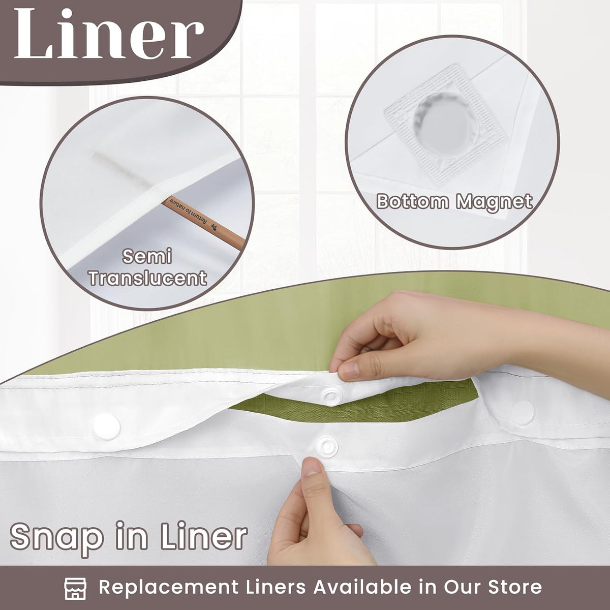 Ringless Slub Shower Curtain with Snap in Liner, 71x74, Black - Colors A