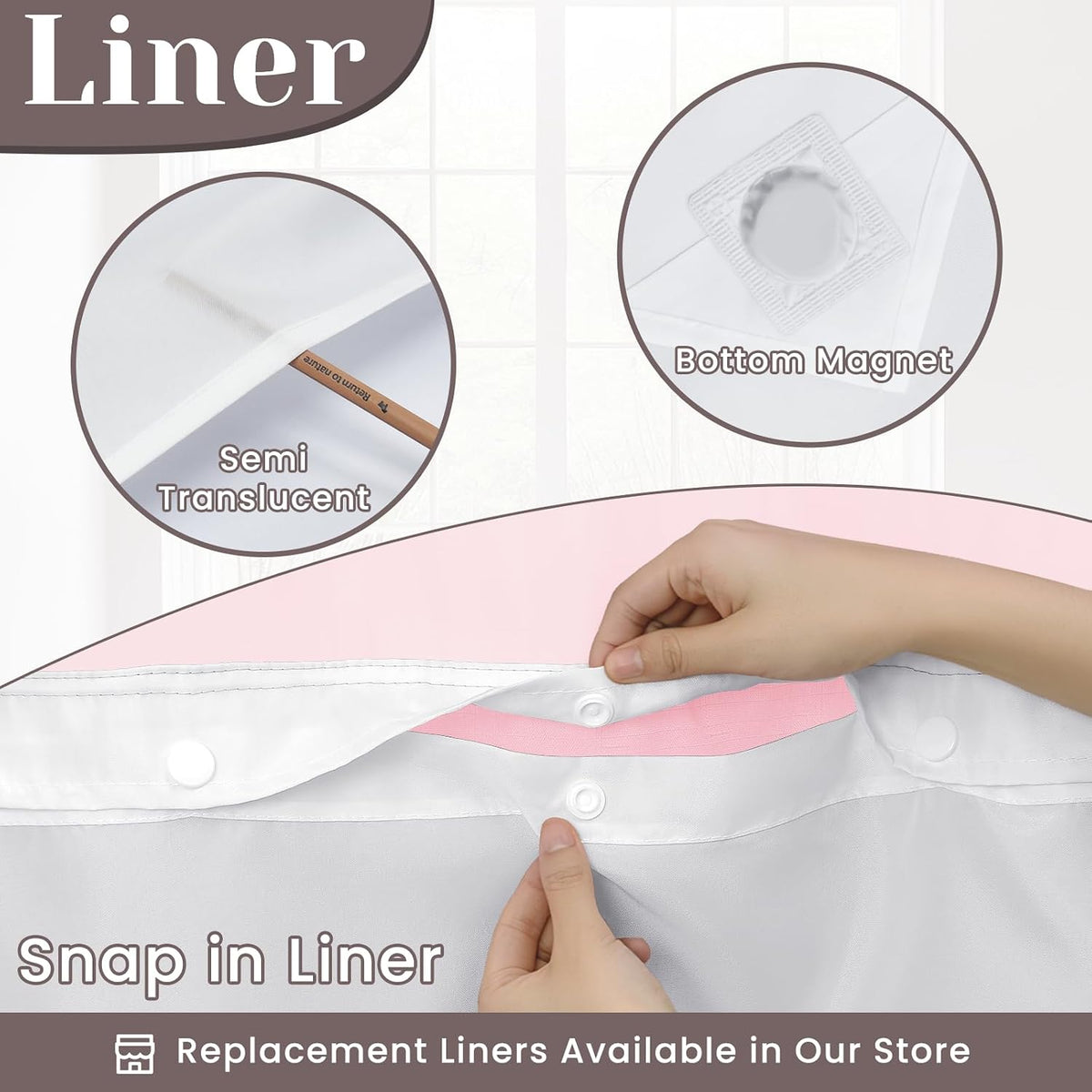 Ringless Slub Shower Curtain with Snap in Liner, 71x74, Black - Colors A