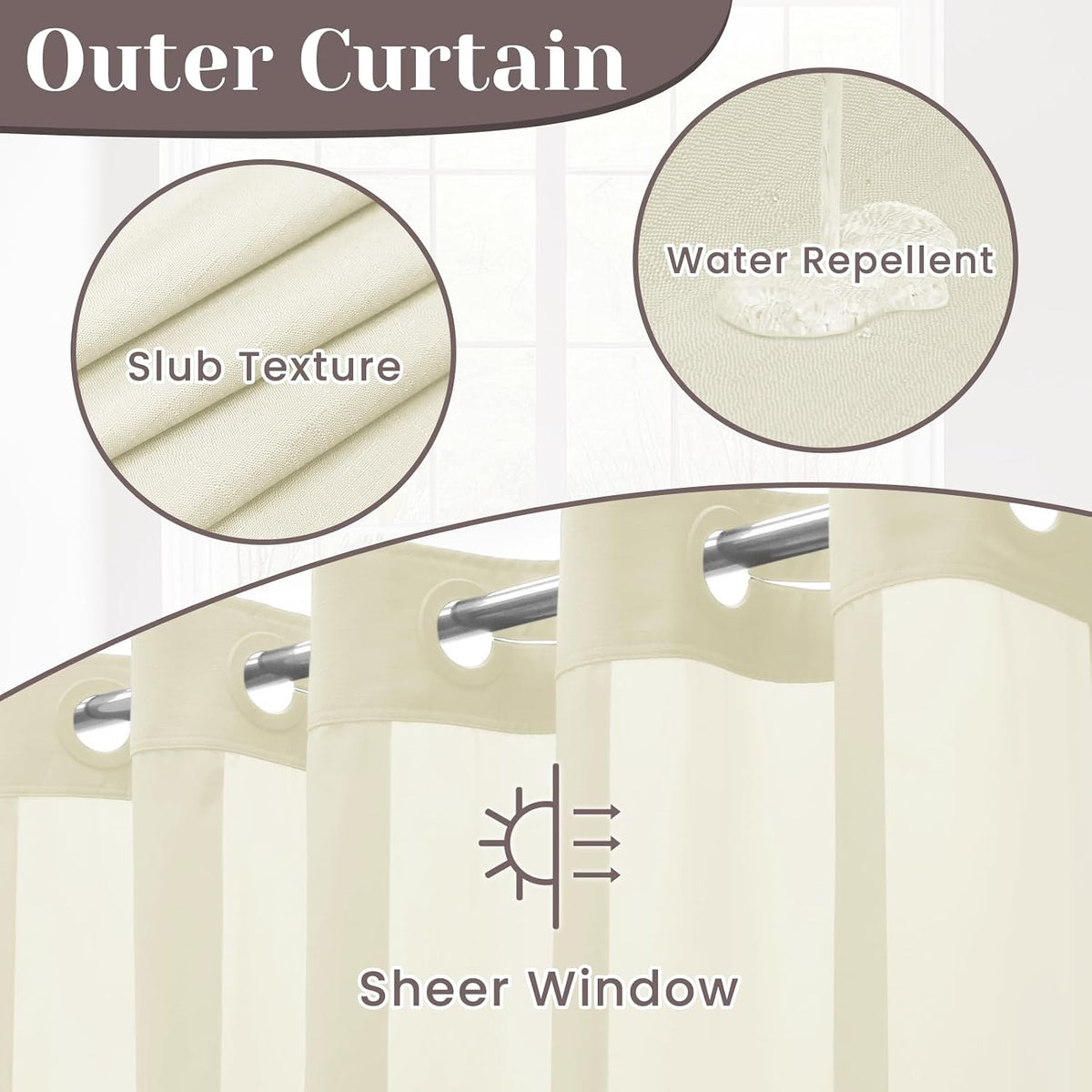 Ringless Slub Shower Curtain with Snap in Liner, 71x74, Black - Colors A