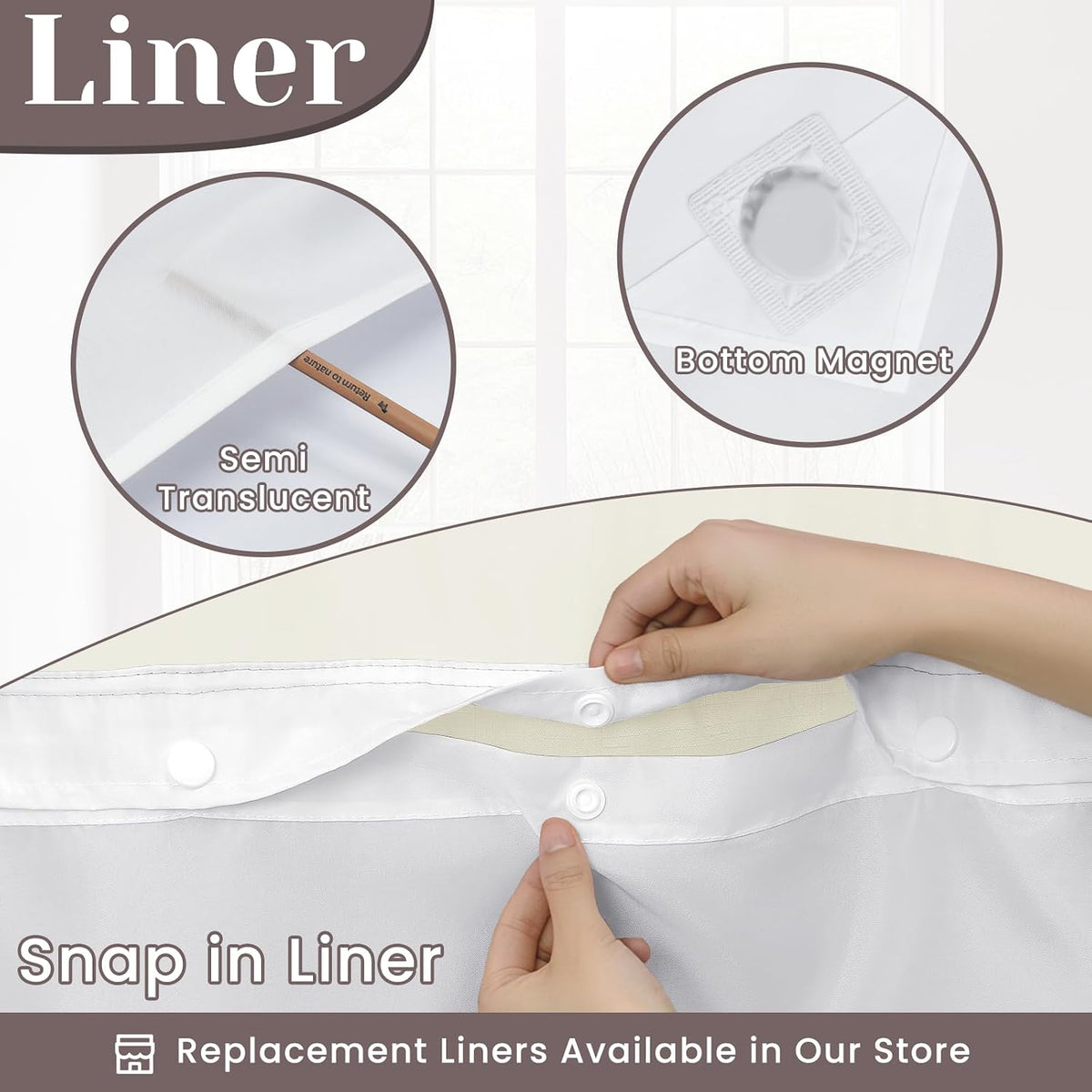 Ringless Slub Shower Curtain with Snap in Liner, 71x74, Black - Colors A