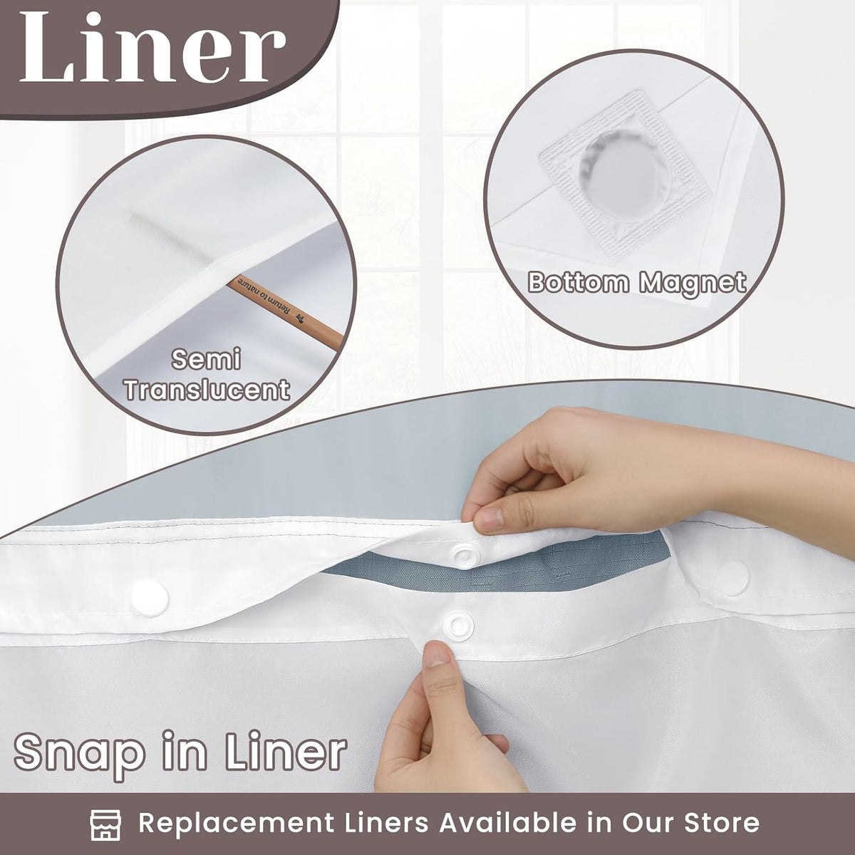 Ringless Slub Shower Curtain with Snap in Liner, 71x74, Black - Colors A