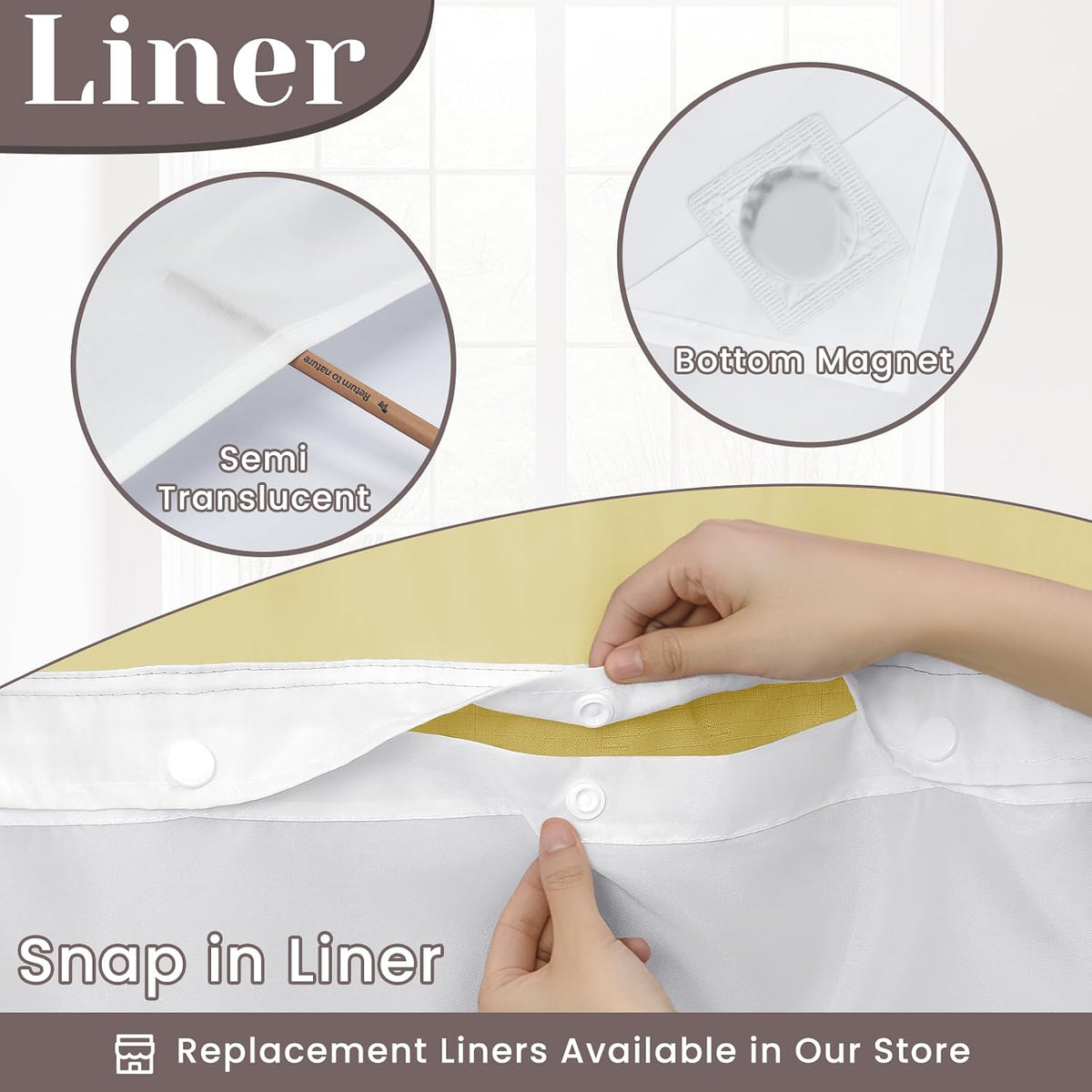 Ringless Slub Shower Curtain with Snap in Liner, 71x74, Black - Colors A