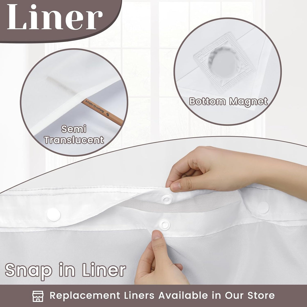 Ringless Slub Shower Curtain with Snap in Liner, 71x74, Black - Colors A
