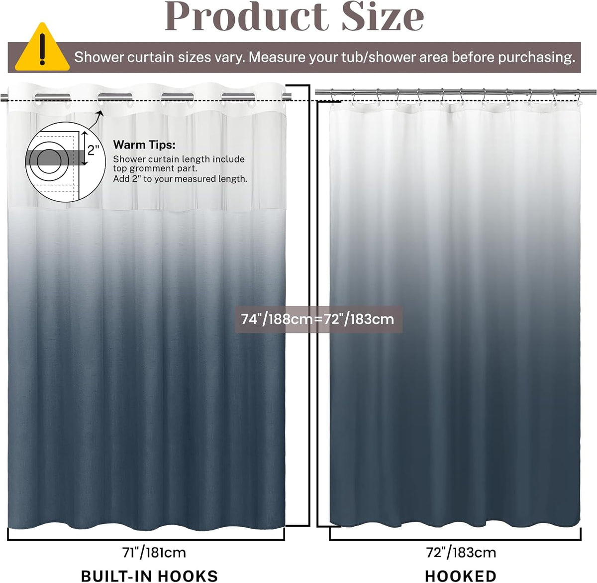 Ringless Slub Shower Curtain with Snap in Liner, 71x74, Black - Colors A