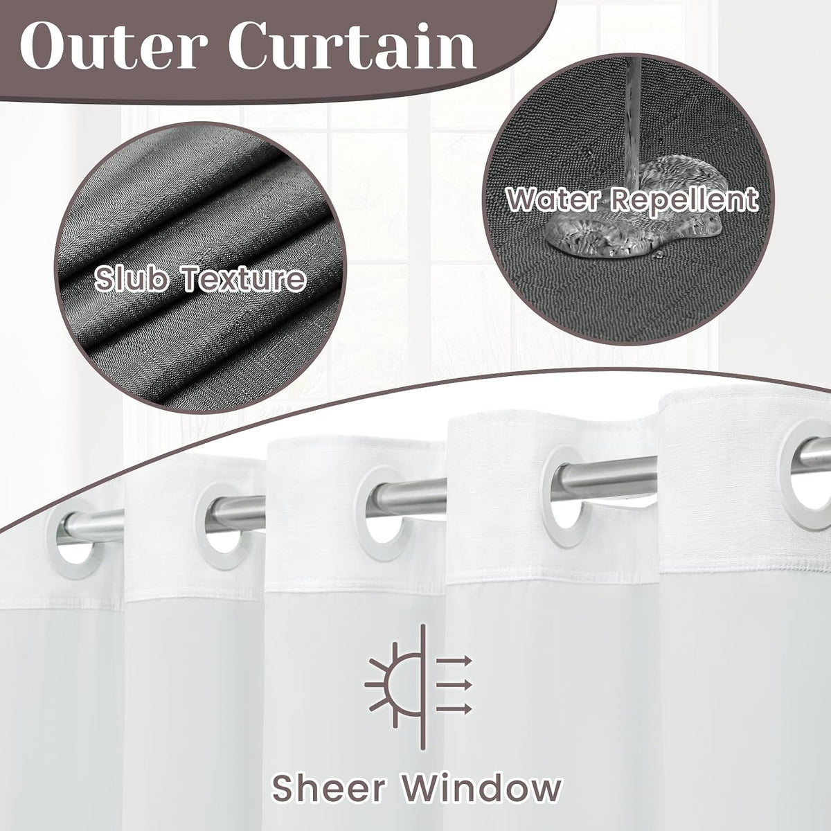 Ringless Slub Shower Curtain with Snap in Liner, 71x74, Black - Colors A