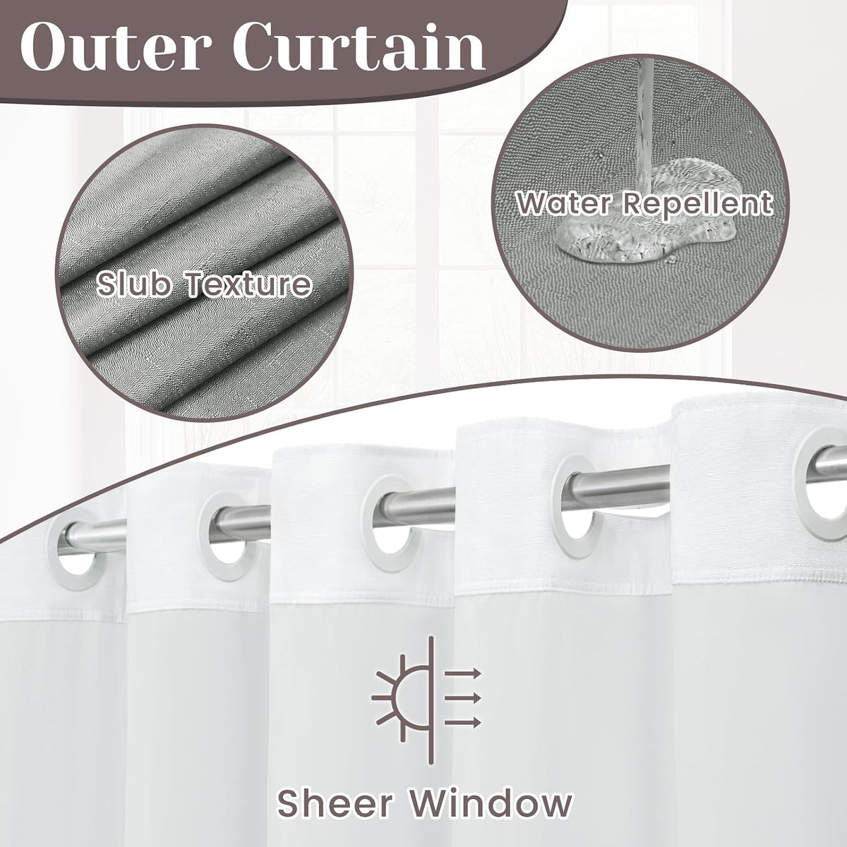 Ringless Slub Shower Curtain with Snap in Liner, 71x74, Black - Colors A
