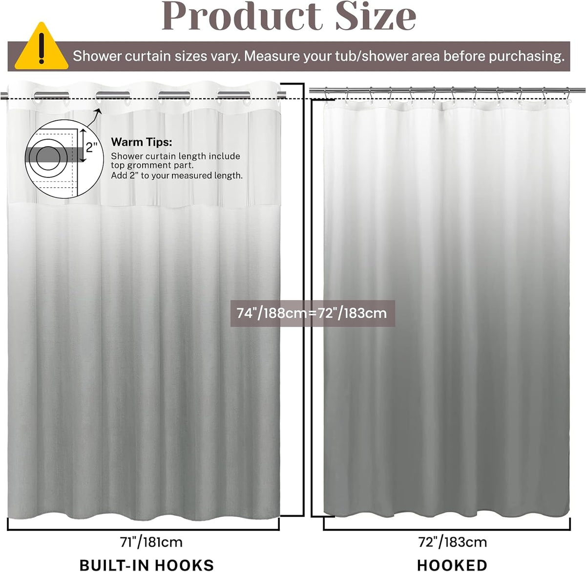 Ringless Slub Shower Curtain with Snap in Liner, 71x74, Black - Colors A