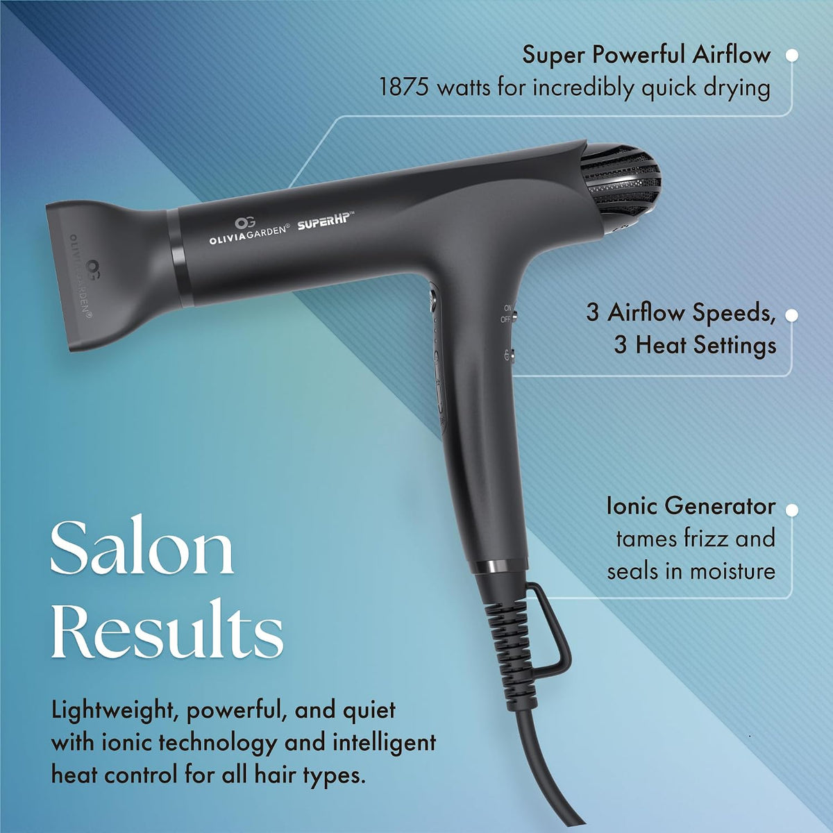 Olivia Garden 1875W SuperHP Professional Hair Dryer for All Hair Types - Quiet, Fast Drying Blow Dryer - Powerful Ionic Generator - 5 Attachments, Including 2 Comb and 1 Diffuser Attachments
