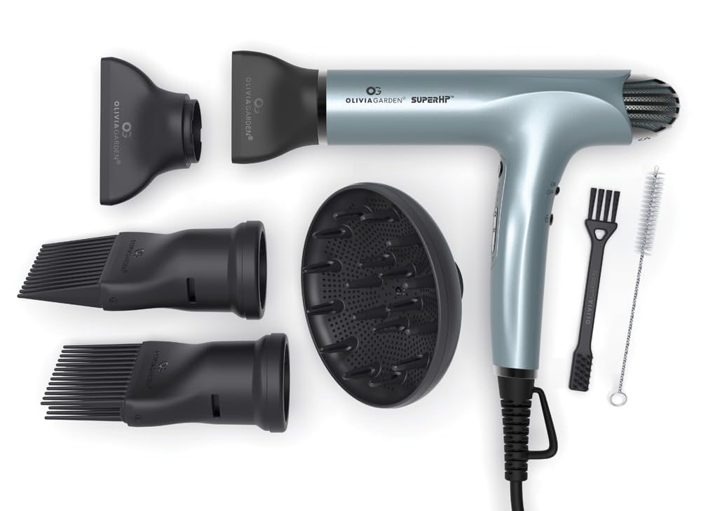 Olivia Garden 1875W SuperHP Professional Hair Dryer for All Hair Types - Quiet, Fast Drying Blow Dryer - Powerful Ionic Generator - 5 Attachments, Including 2 Comb and 1 Diffuser Attachments