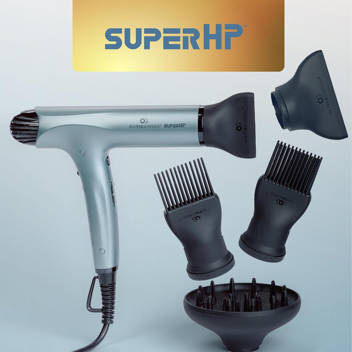 Olivia Garden 1875W SuperHP Professional Hair Dryer for All Hair Types - Quiet, Fast Drying Blow Dryer - Powerful Ionic Generator - 5 Attachments, Including 2 Comb and 1 Diffuser Attachments