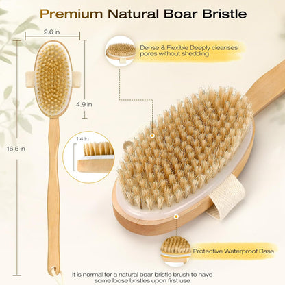 Dry Brushing Body Brush with Long Handle, Natural Bristle Back Brush