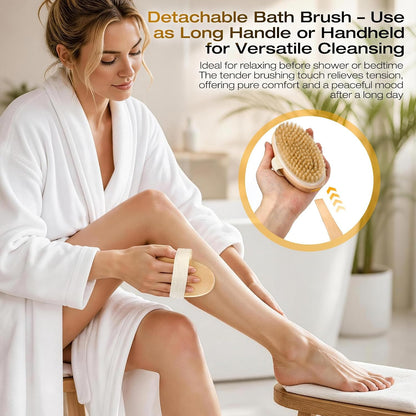 Dry Brushing Body Brush with Long Handle, Natural Bristle Back Brush