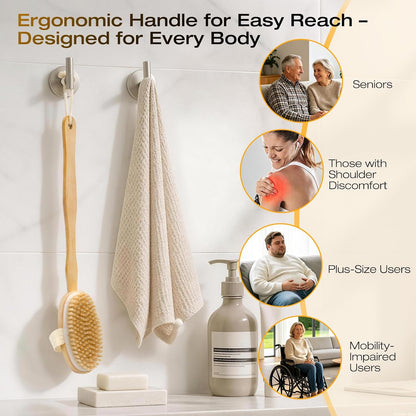 Dry Brushing Body Brush with Long Handle, Natural Bristle Back Brush