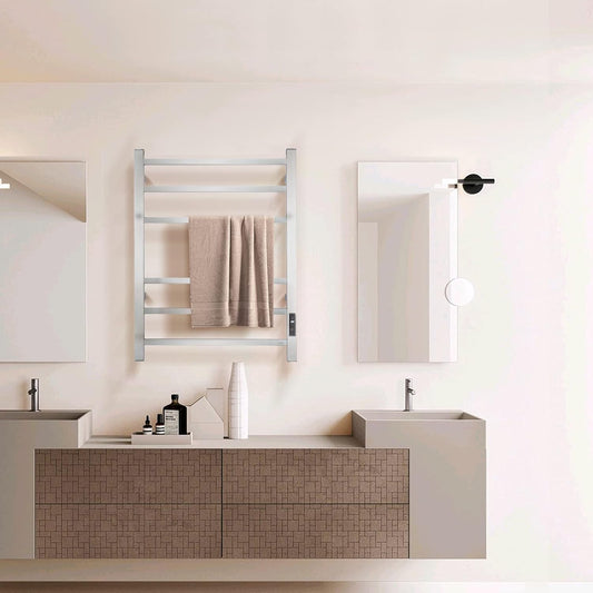 Electric Towel Warmer - Wall Mounted Bathroom Heated Towel Rack, Plug-in Design & Brushed Stainless Steel Finish (Square Brushed with Timer ETW13CS, 6 Bar)